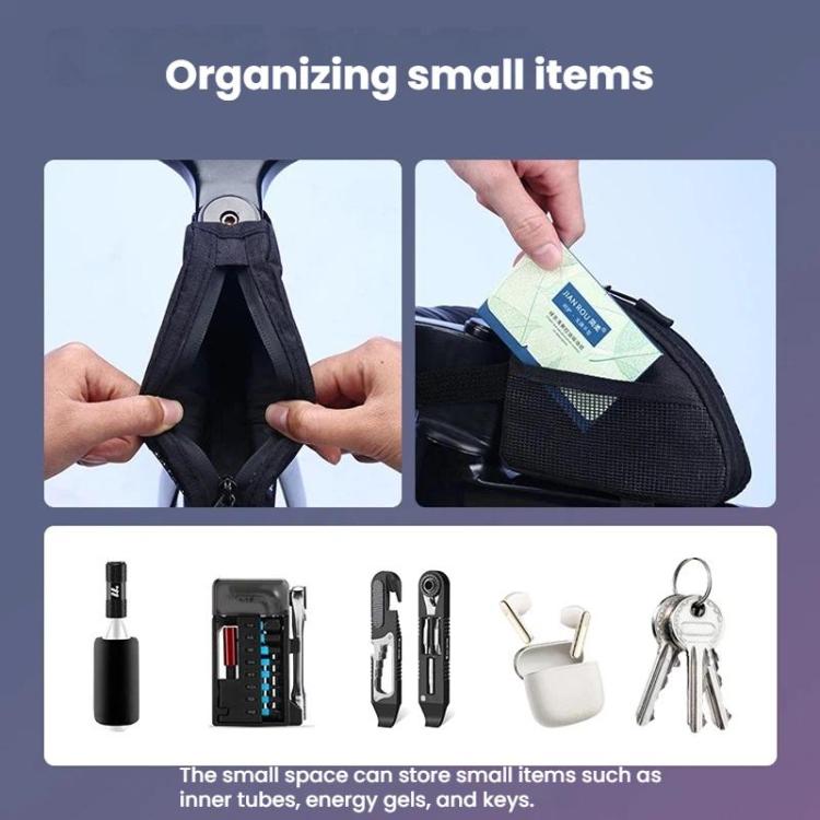 Black triangle bike bag with zip opening for small items, mounted with straps