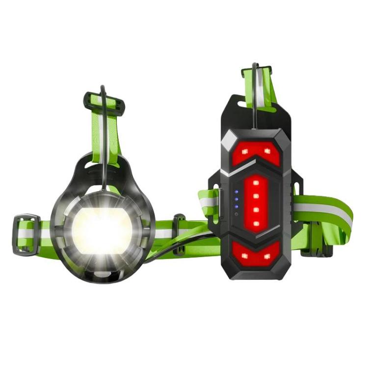 Green and black chest warning light with bright white front lamp and red warning LEDs