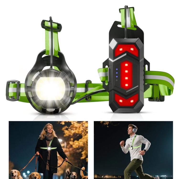 Green and black chest warning light with white front lamp and red warning panel on straps