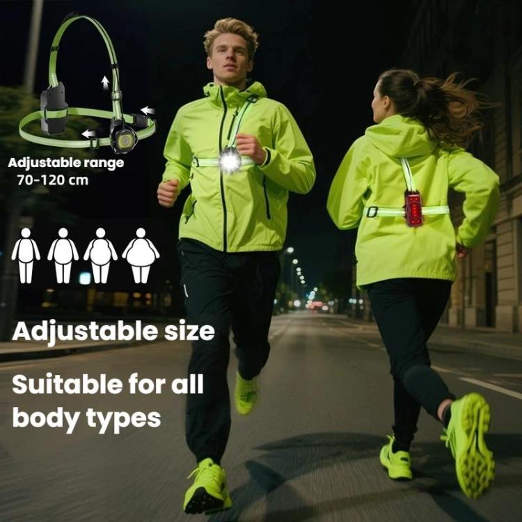 Adjustable chest light worn on a jacket with bright white lamp and red warning LEDs
