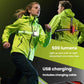Running chest light with white front lamp and red warning LEDs on bright green jacket