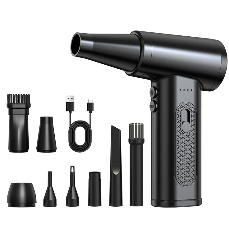 Cordless mini dust blower with multiple nozzle attachments in black and silver