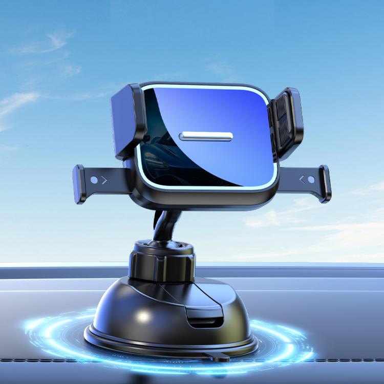 Car phone holder with blue cradle, vent clamp arms, and rotating suction mount