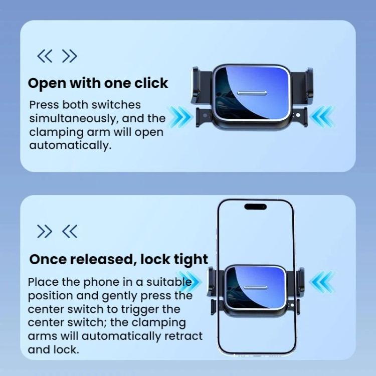 Car phone mount with open clamping arms holding a phone, vent-style bracket