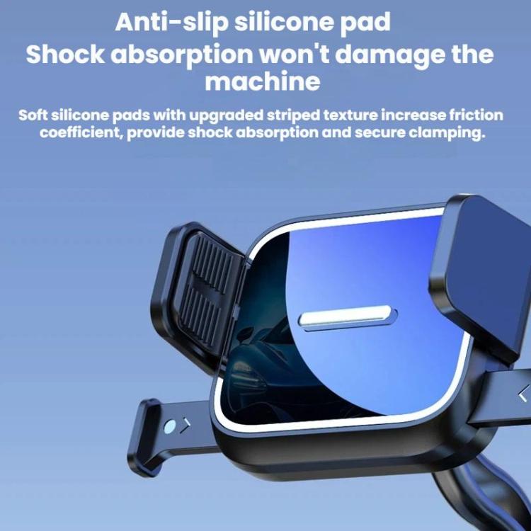 Vent phone holder with blue cradle and closeable side clamp arms on vent bracket