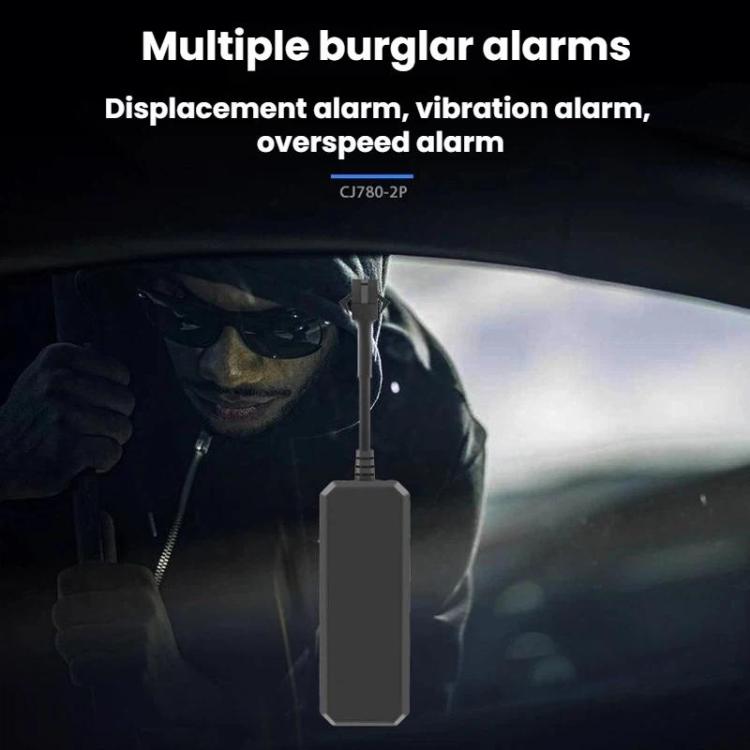 GPS anti-theft tracker held in hand, dark rectangular unit with antenna cable