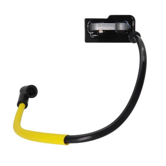 Ignition coil with black module, yellow wire, and metal internal component housing