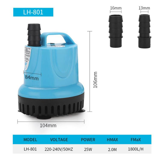 Submersible aquarium water pump LH-801, blue body, black base, 25W rating