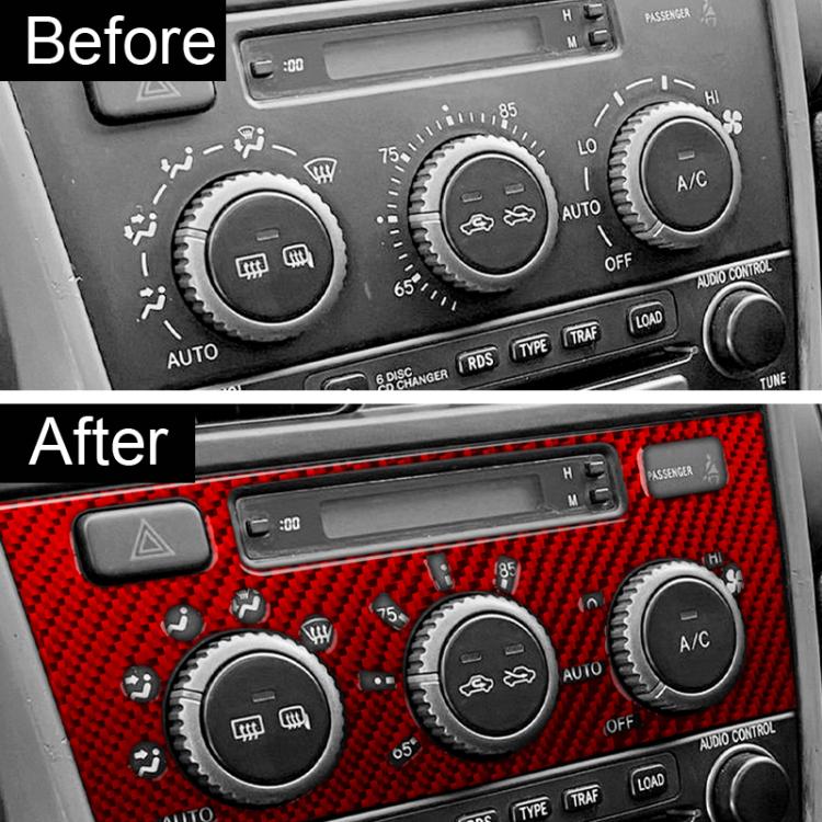 Red carbon-fiber air conditioning control panel sticker on car climate controls