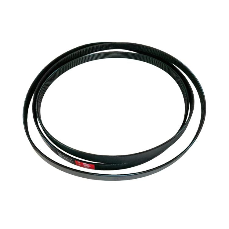 Coiled black multi-V elastic rubber belt, looped for compact storage