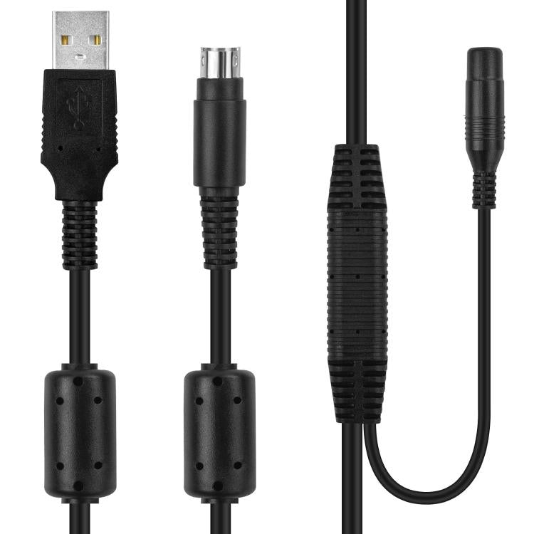 Black cable with USB plug, metal-tipped adapter, and barrel-style power connector