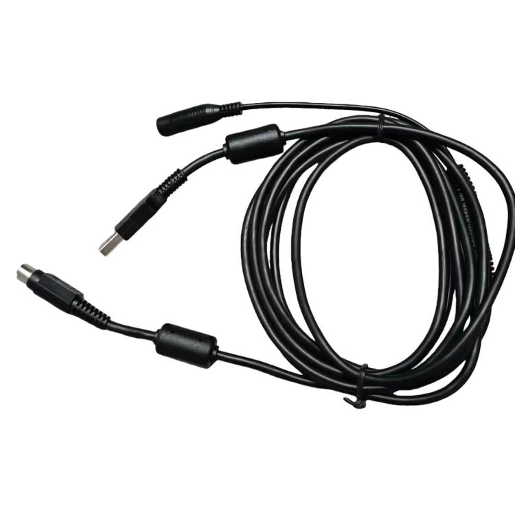 Coiled black power and data cable with USB and round power plug connectors