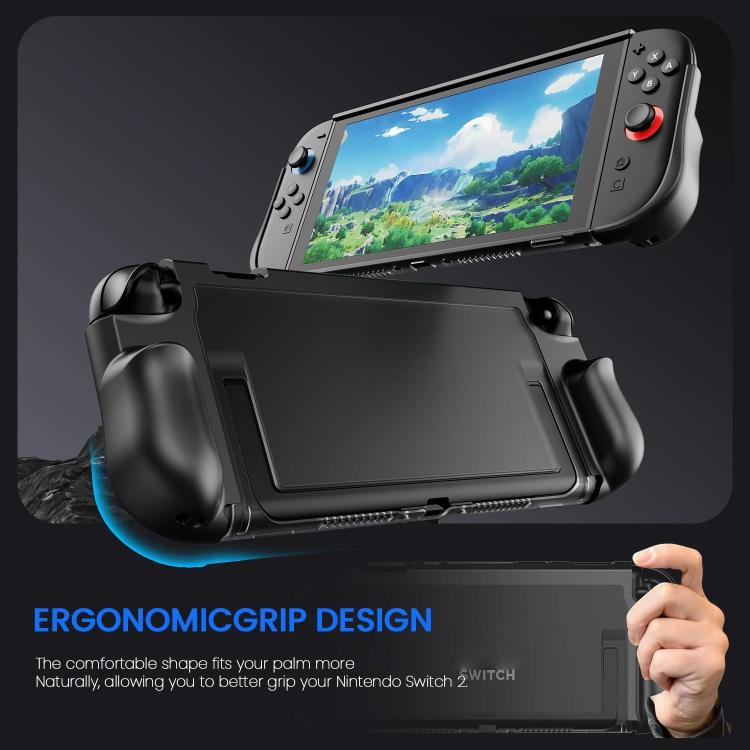 Black protective case with folding grip and front screen cover for Switch 2