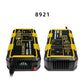 Car power inverter shown from two angles, yellow and black panel with multiple ports