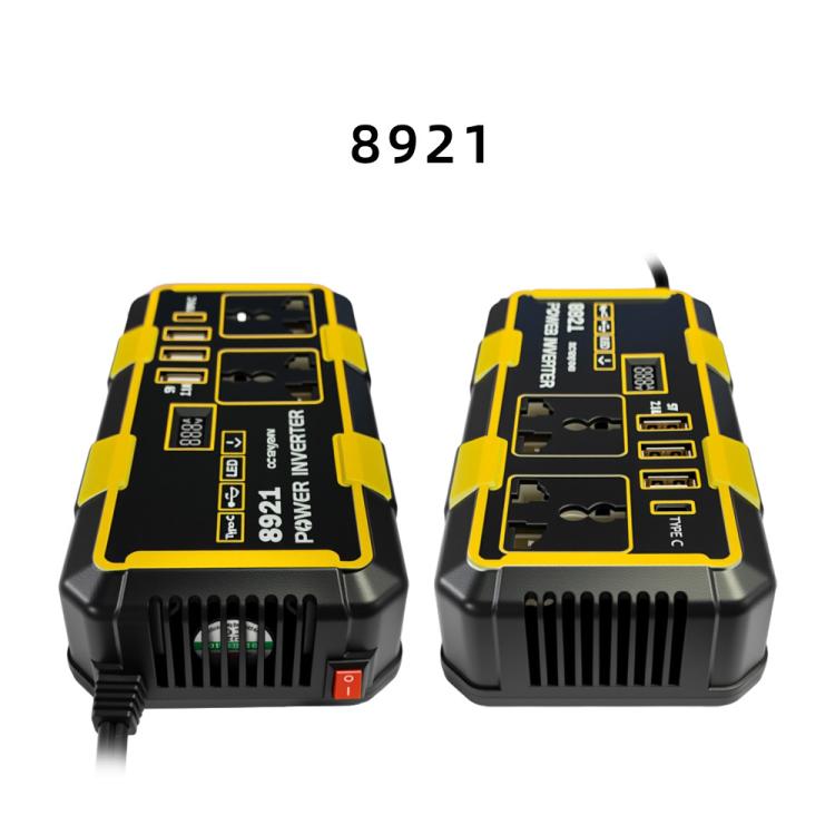 Car power inverter shown from two angles, yellow and black panel with multiple ports