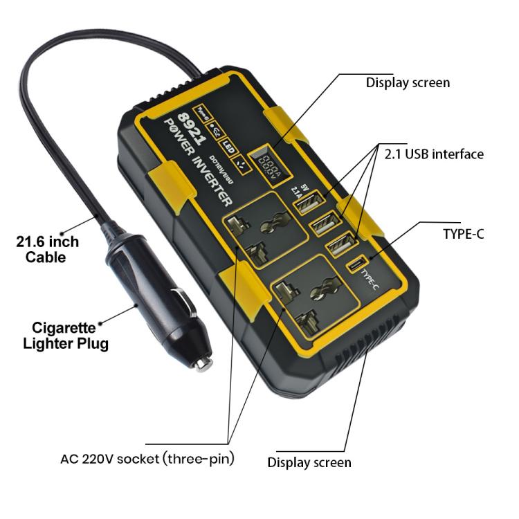 Car power inverter with cigarette-lighter plug, 2.1A USB and Type-C ports on front panel