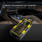Car power inverter with multi-port panel and connected cigarette-lighter cable, yellow-black