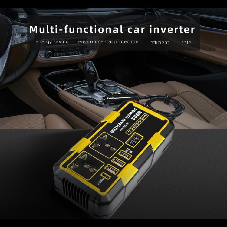 Car power inverter with multi-port panel and connected cigarette-lighter cable, yellow-black