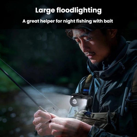 Rechargeable LED headlamp worn on forehead with bright white spotlight and side LEDs