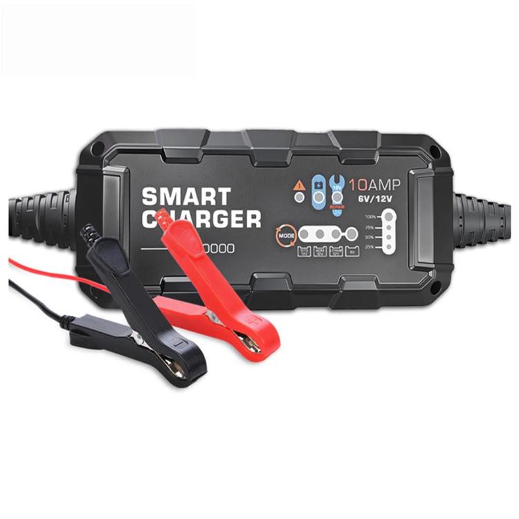 Black smart motorcycle battery charger with red and black clamp leads