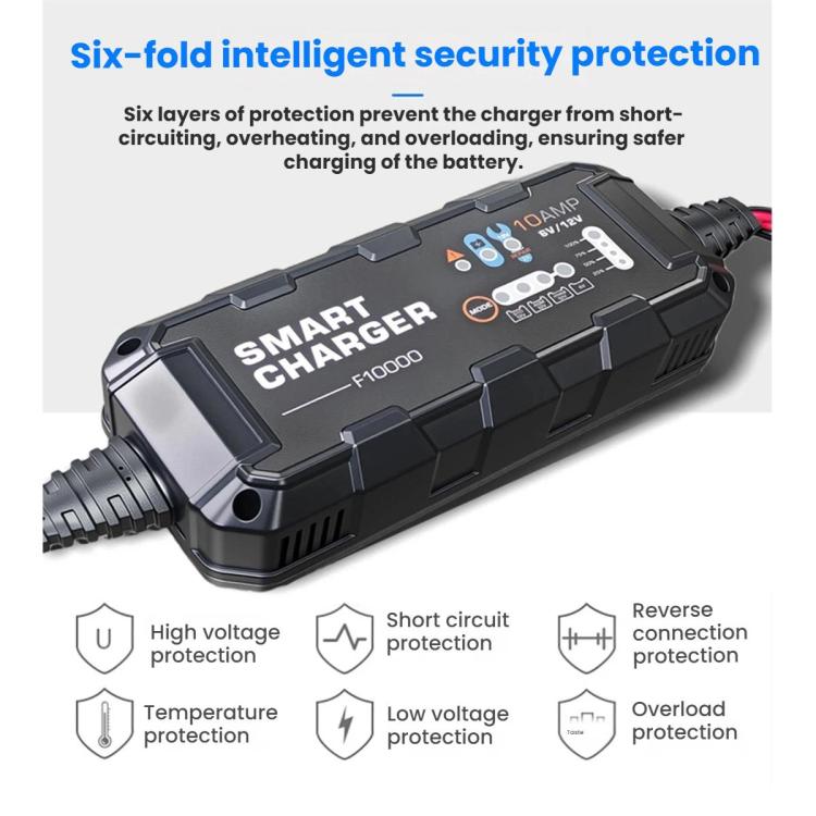 Black battery charger with control panel and 10AMP 6V/12V output label