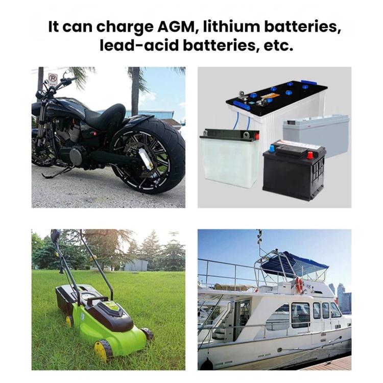 Battery charger shown in use with motorcycle battery setup and clamp leads