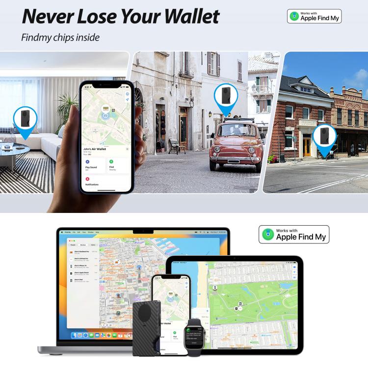 Metal tracker wallet with phone map display for location tracking