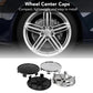 Wheel hub center caps set shown on a car wheel, black and silver, 68mm