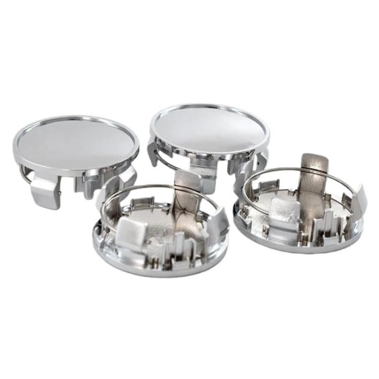 Silver wheel hub center caps set of 4, with metal clips on the underside