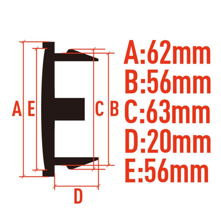 Wheel center cap size diagram, 62 mm outer diameter with lettered dimensions