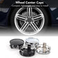 Wheel center caps shown with a wheel and 4 spare caps in black and silver