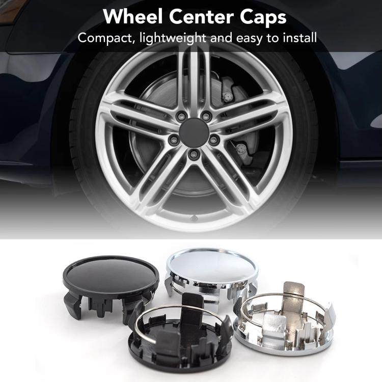 Wheel center caps shown with a wheel and 4 spare caps in black and silver
