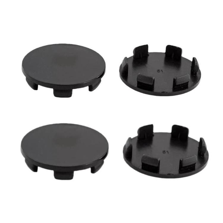 4-pack wheel hub center caps, black 51mm OD, snap-tab underside