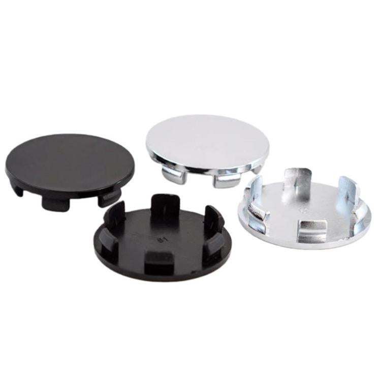 4-piece wheel hub center caps, black and silver 51mm OD, top and underside set