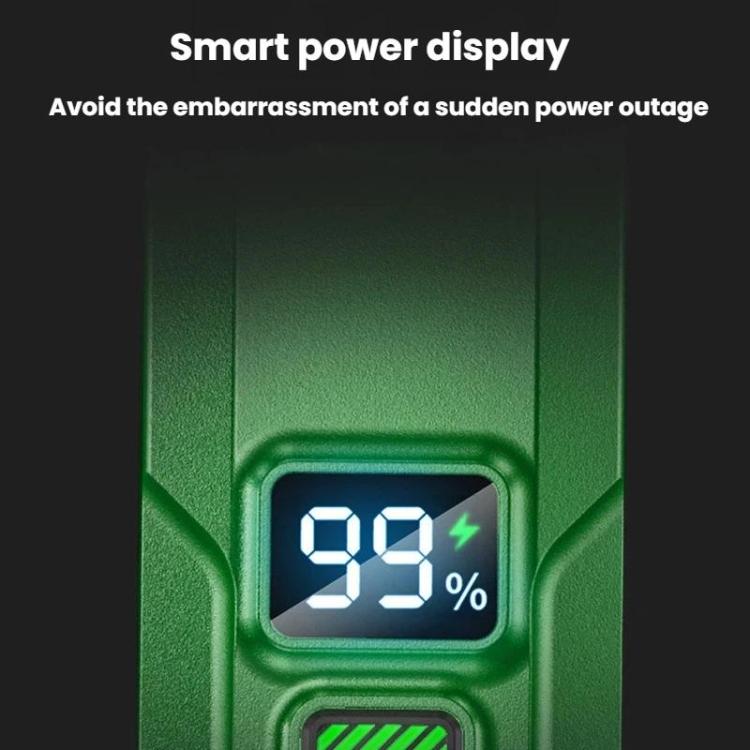 Green kids bike headlight smart power display showing 9% on the screen
