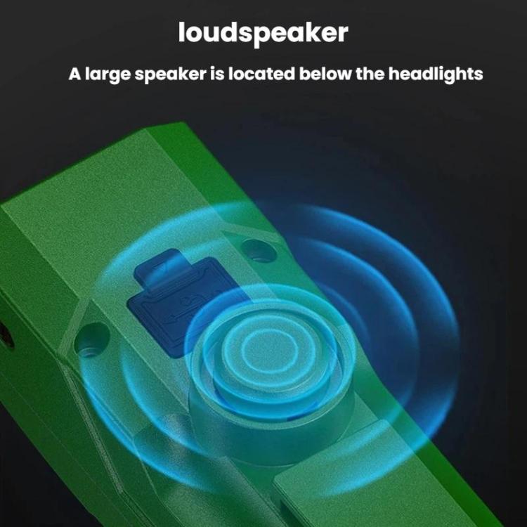 Green kids bike headlight with built-in speaker and sound-wave indicator