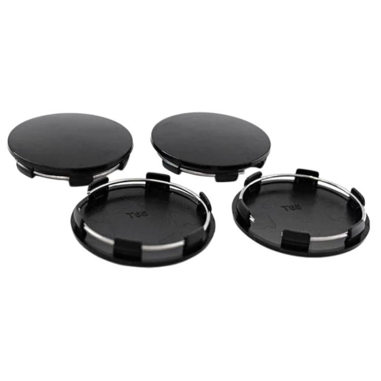 Black wheel hub center caps, 65mm outer diameter, 4-pack set with mounting clips