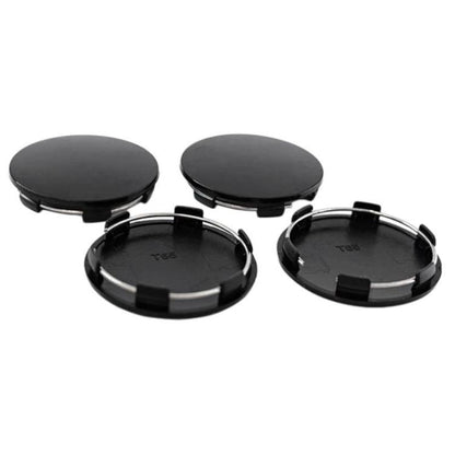 Black wheel hub center caps, 65mm outer diameter, 4-pack set with mounting clips