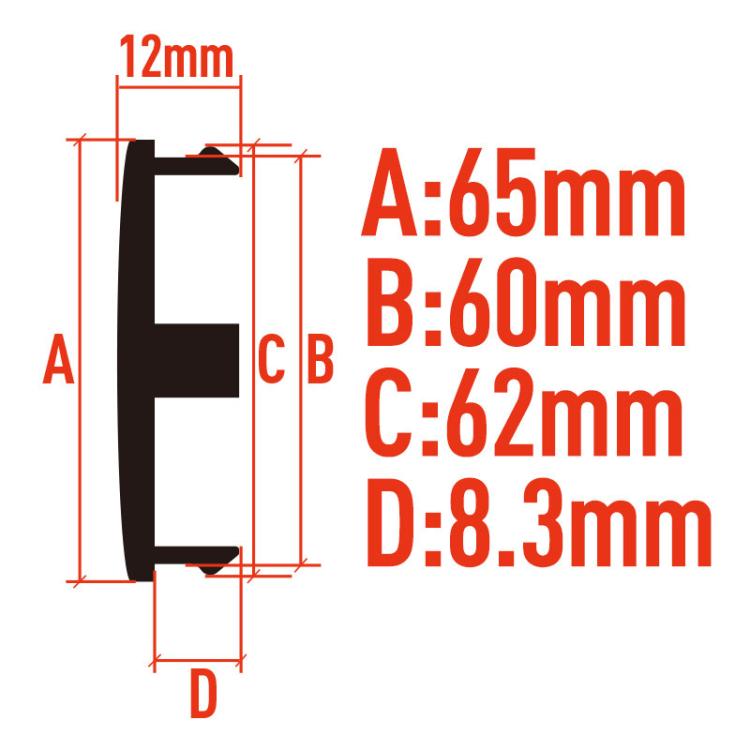 Wheel hub center cap dimensions: A 65mm, B 60mm, C 62mm, D 8.3mm, 12mm