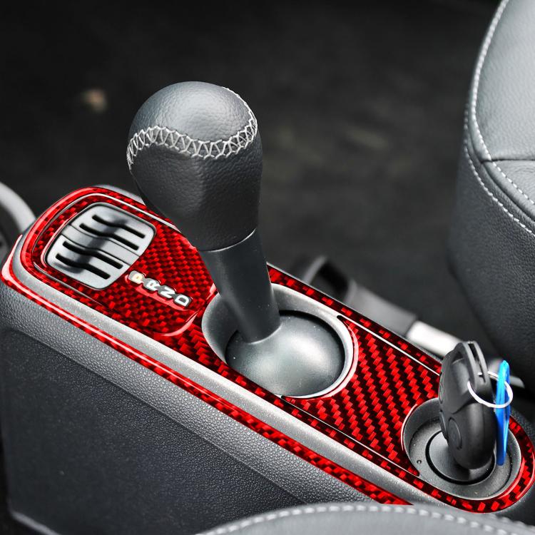 Red carbon-fiber gear console sticker set with gear selector, cup holder, and trim