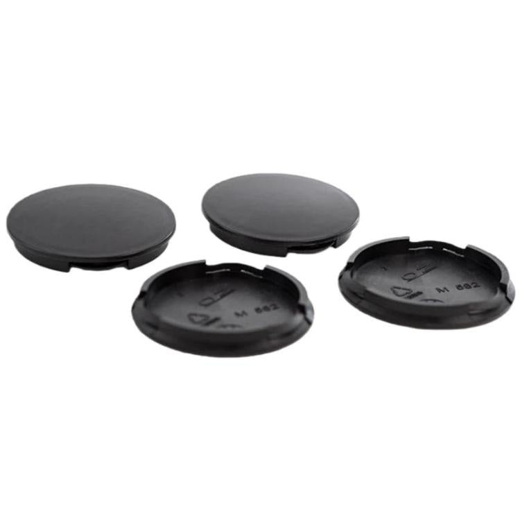 Set of 4 black wheel hub center caps with snap tabs, blank 55mm outer diameter