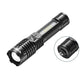 Black zoomable flashlight with LED bar, side control switches, and rear strap ring