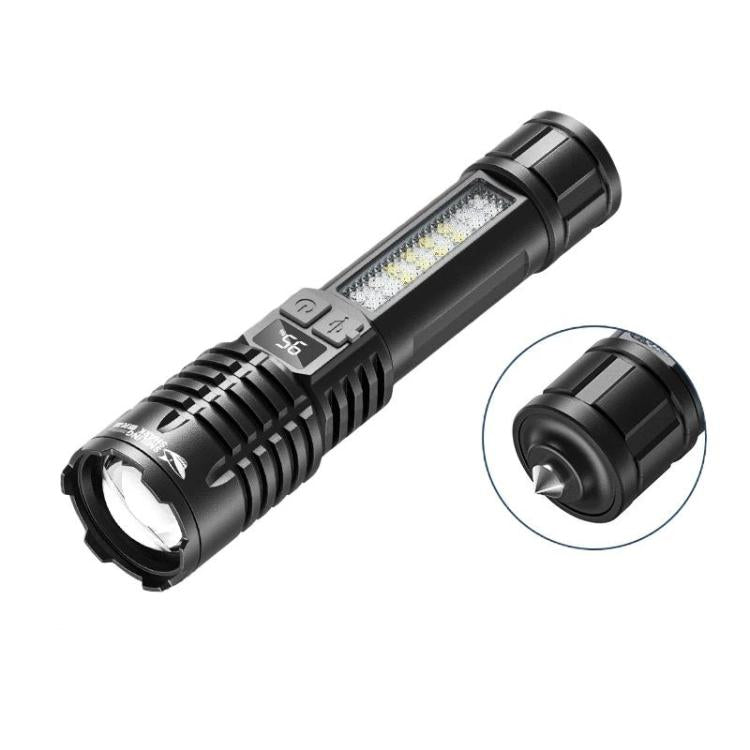 Black zoomable flashlight with LED bar, side control switches, and rear strap ring