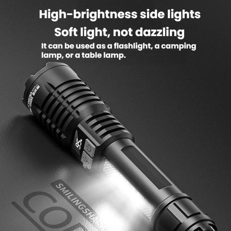 Black flashlight with extended beam window and grip ridges, side light head