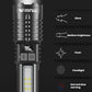 Black flashlight front view with multi-mode display panel and illuminated LED window