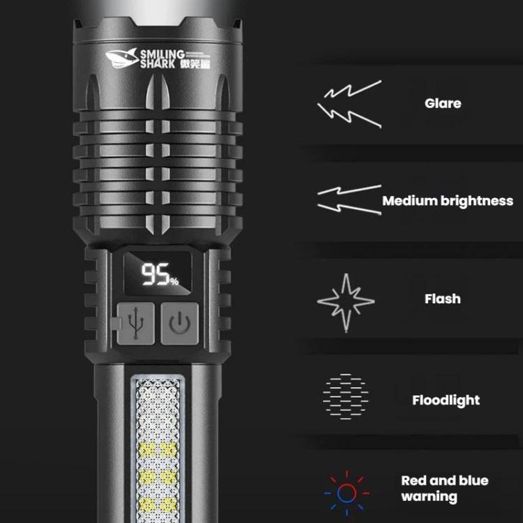 Black flashlight front view with multi-mode display panel and illuminated LED window