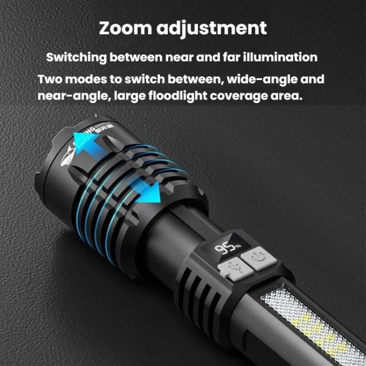 Black zoom adjustment flashlight with side switches and ridged grip near the head