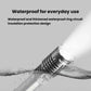 Black waterproof flashlight with sealed front lens and water droplets on body