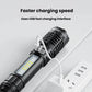 Black zoomable flashlight with side LED panel and USB fast-charging cable