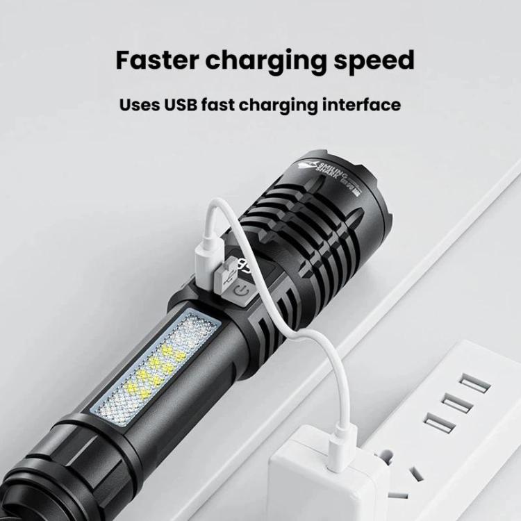 Black zoomable flashlight with side LED panel and USB fast-charging cable